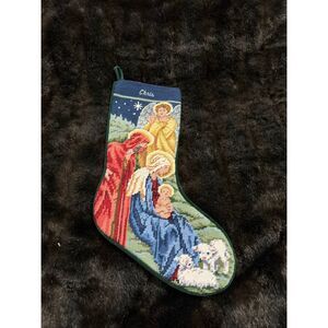 Wool Needlepoint Holly Family Nativity Scene Christmas Stocking  Velvet Back